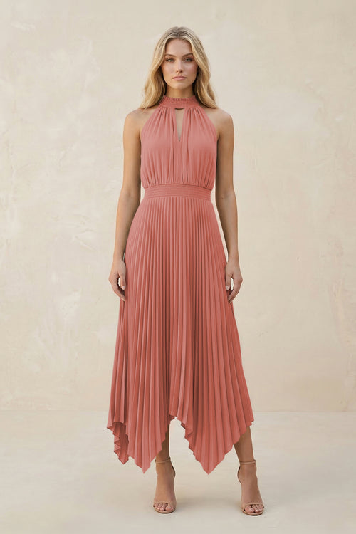 Halter Neck Pleated A-Line Chiffon Bridesmaid Dress in Mulberry | KISSBRIDAL