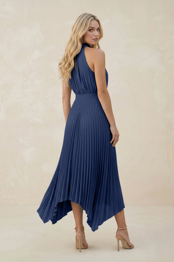 Halter Neck Pleated A - Line Chiffon Bridesmaid Dress in Navy - SHE IS ME Bridesmaid Dresses