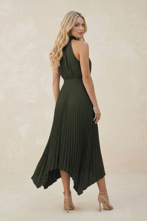 Halter Neck Pleated A-Line Chiffon Bridesmaid Dress in Olive (2) | KISSBRIDAL