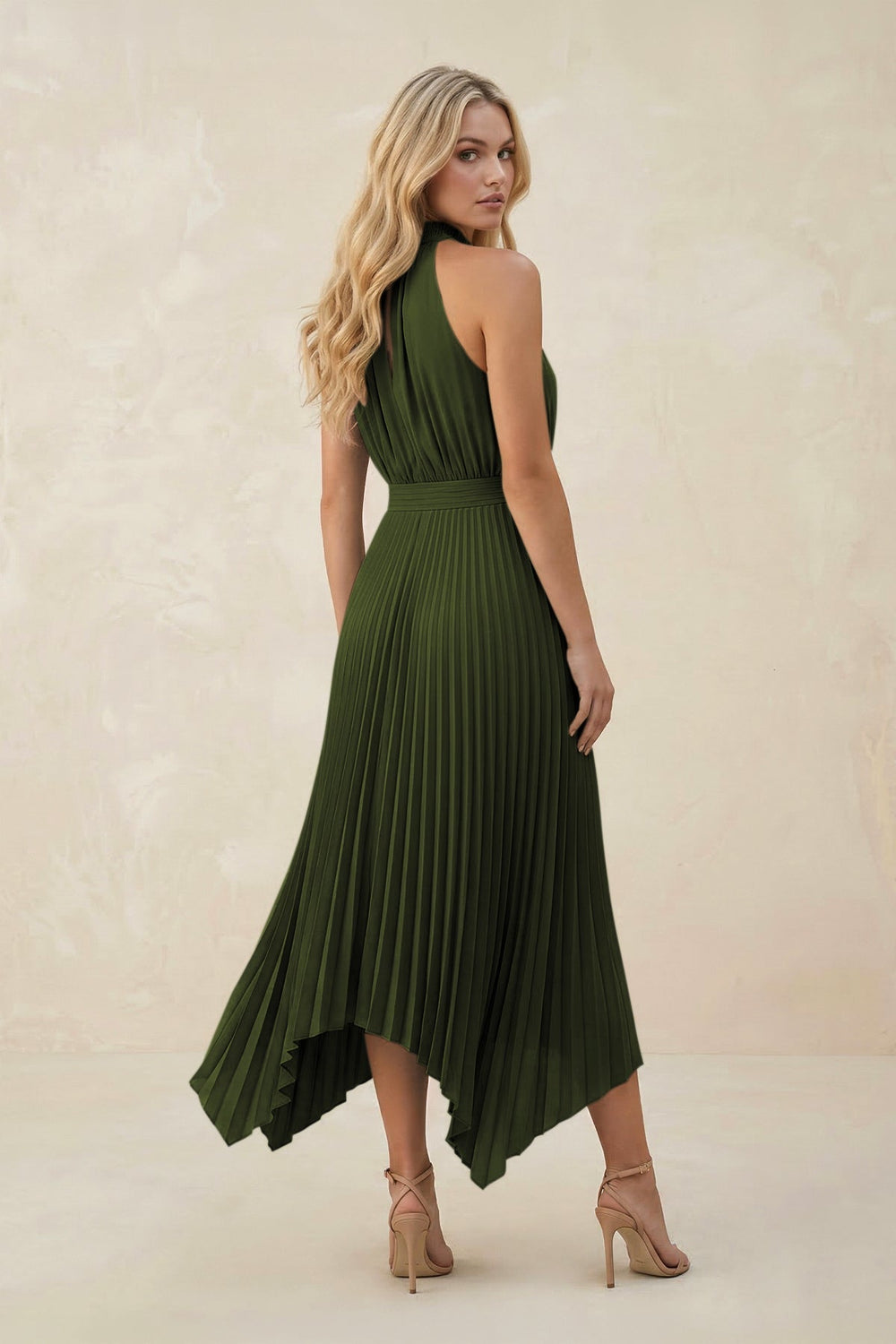 Halter Neck Pleated A - Line Chiffon Bridesmaid Dress in Olive - KISS BRIDAL Bridesmaid Dresses