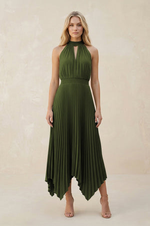 Halter Neck Pleated A - Line Chiffon Bridesmaid Dress in Olive - SHE IS ME Bridesmaid Dresses