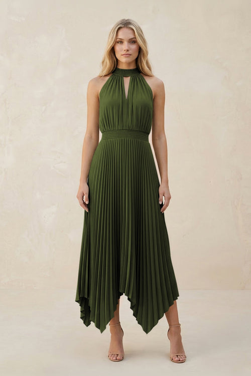 Halter Neck Pleated A - Line Chiffon Bridesmaid Dress in Olive - SHE IS ME Bridesmaid Dresses