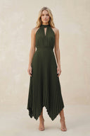 Halter Neck Pleated A-Line Chiffon Bridesmaid Dress in Olive | KISSBRIDAL