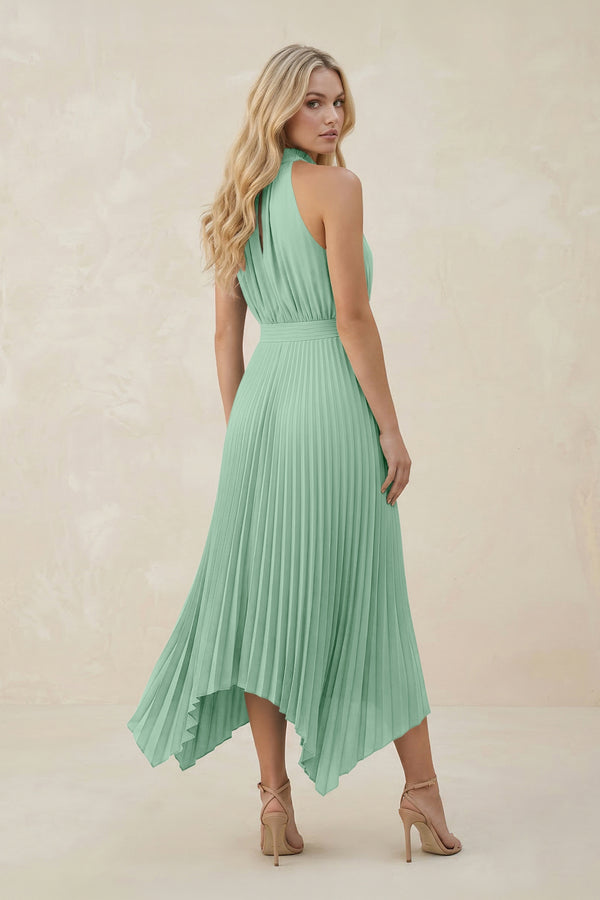 Halter Neck Pleated A-Line Chiffon Bridesmaid Dress in Pale Pistachio (2) | KISSBRIDAL