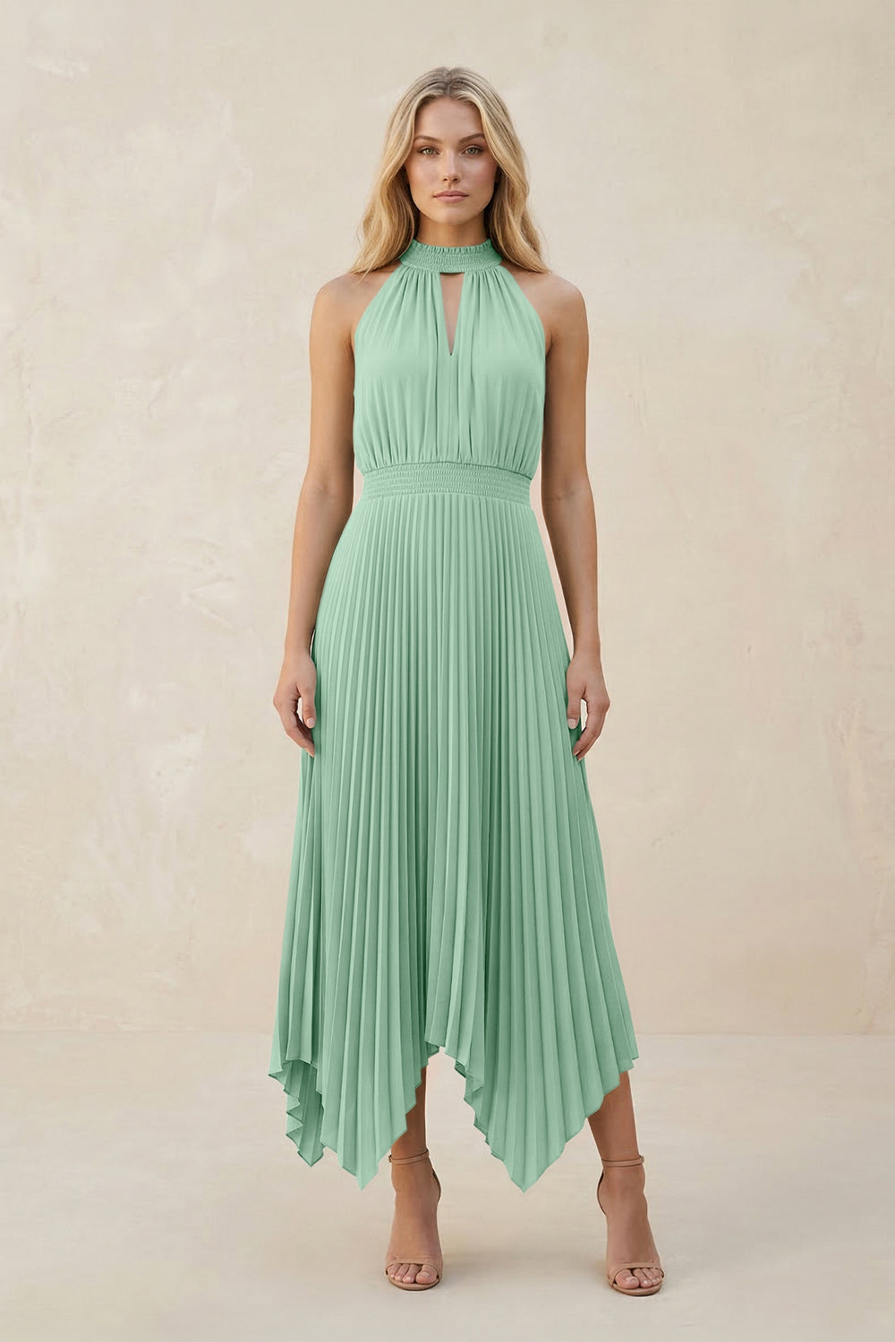Halter Neck Pleated A-Line Chiffon Bridesmaid Dress in Pale Pistachio