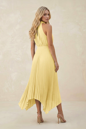 Halter Neck Pleated A - Line Chiffon Bridesmaid Dress in Pastel Yellow - SHE IS ME Bridesmaid Dresses