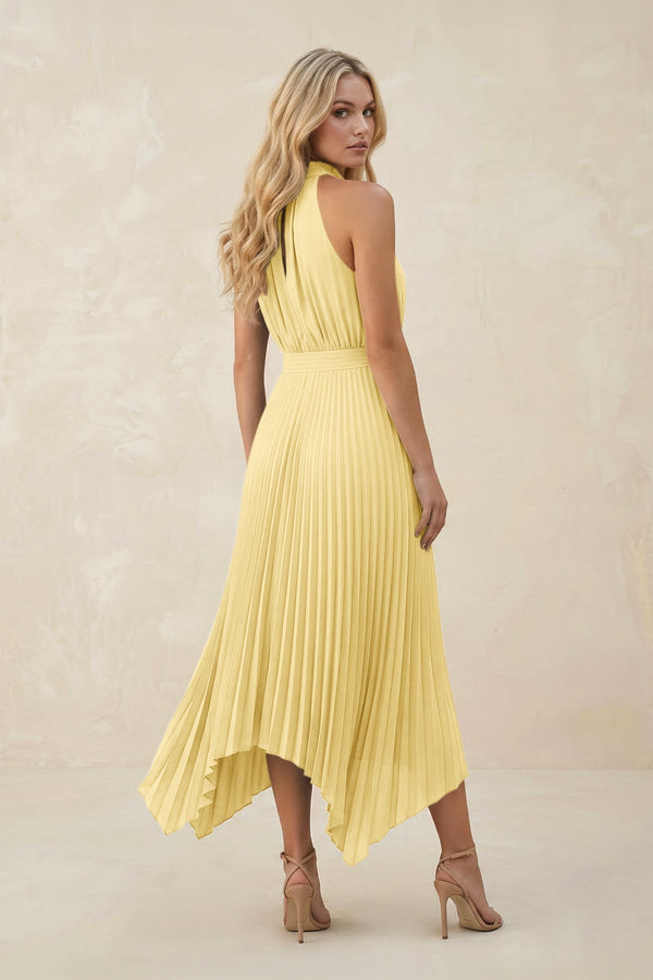 Halter Neck Pleated A - Line Chiffon Bridesmaid Dress in Pastel Yellow - SHE IS ME Bridesmaid Dresses