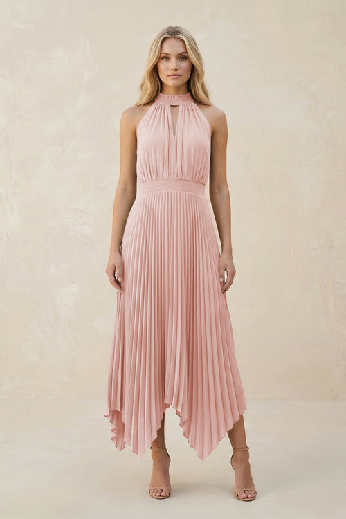 Halter Neck Pleated A-Line Chiffon Bridesmaid Dress in Rose Petal | KISSBRIDAL