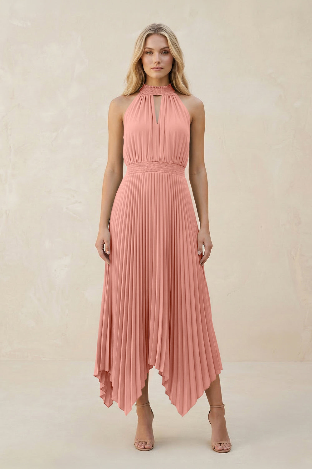 Halter Neck Pleated A-Line Chiffon Bridesmaid Dress in Rosette