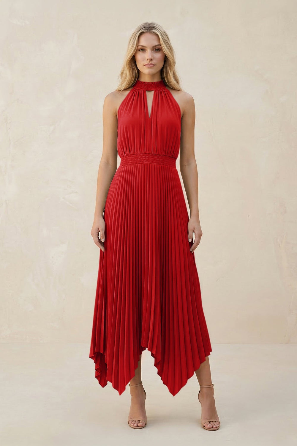 Halter Neck Pleated A - Line Chiffon Bridesmaid Dress in Ruby Red - KISS BRIDAL Bridesmaid Dresses