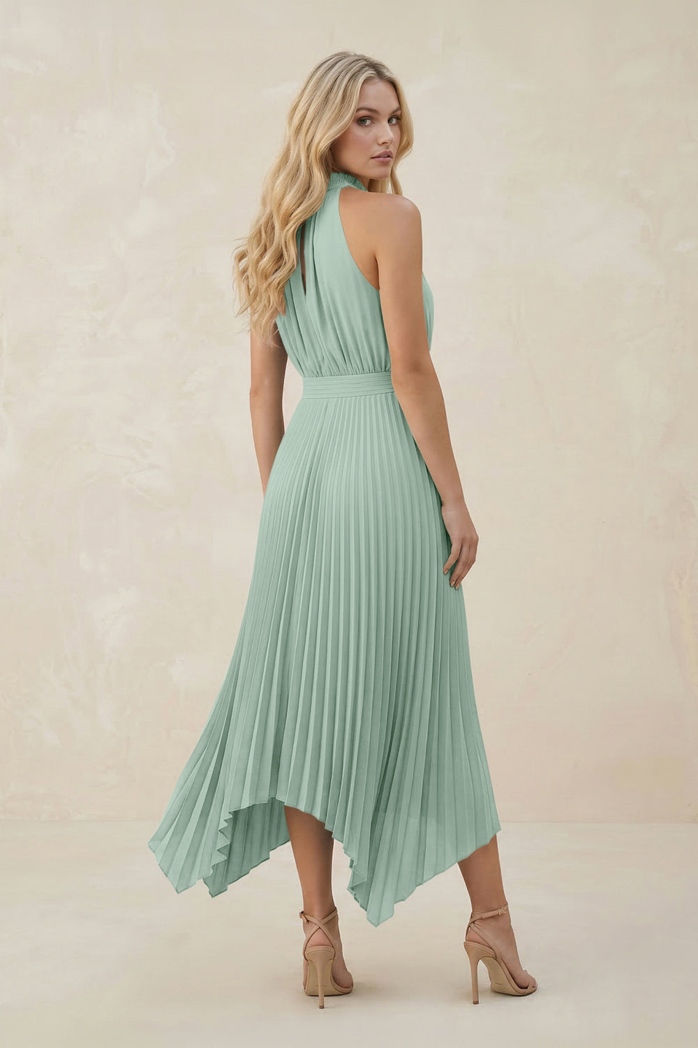 Halter Neck Pleated A-Line Chiffon Bridesmaid Dress in Sage