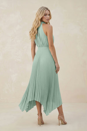 Halter Neck Pleated A-Line Chiffon Bridesmaid Dress in Sage (2) | KISSBRIDAL