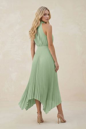Halter Neck Pleated A - Line Chiffon Bridesmaid Dress in Sage - SHE IS ME Bridesmaid Dresses