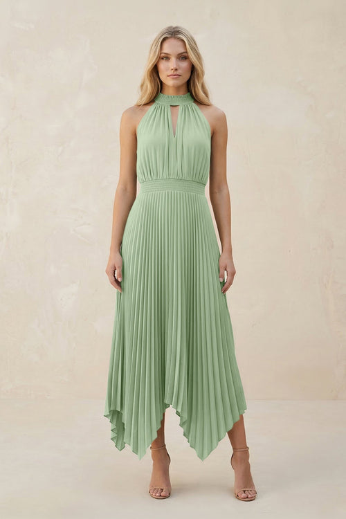 Halter Neck Pleated A - Line Chiffon Bridesmaid Dress in Sage - SHE IS ME Bridesmaid Dresses