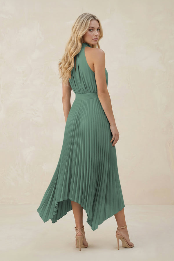 Halter Neck Pleated A-Line Chiffon Bridesmaid Dress in Sea Glass (2) | KISSBRIDAL