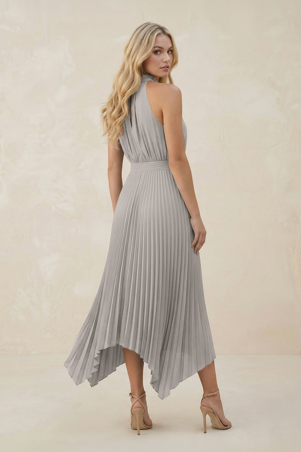 Halter Neck Pleated A - Line Chiffon Bridesmaid Dress in Silver - KISS BRIDAL Bridesmaid Dresses