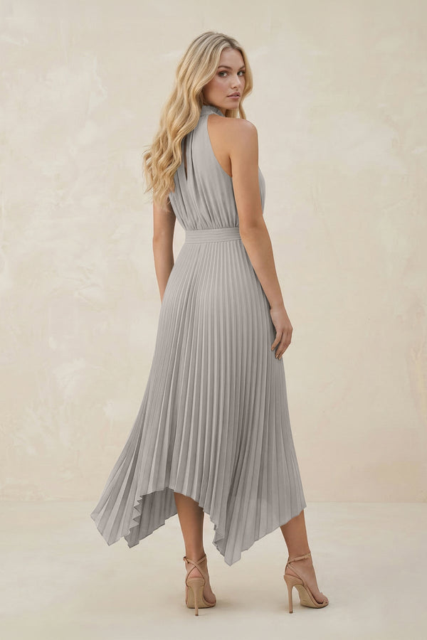 Halter Neck Pleated A - Line Chiffon Bridesmaid Dress in Silver - SHE IS ME Bridesmaid Dresses
