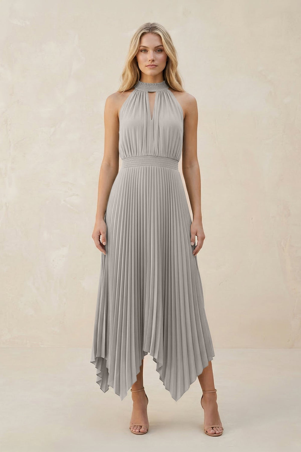 Halter Neck Pleated A - Line Chiffon Bridesmaid Dress in Silver - KISS BRIDAL Bridesmaid Dresses