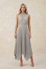 Halter Neck Pleated A - Line Chiffon Bridesmaid Dress in Silver - KISS BRIDAL Bridesmaid Dresses