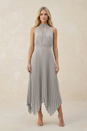 Halter Neck Pleated A - Line Chiffon Bridesmaid Dress in Silver - SHE IS ME Bridesmaid Dresses