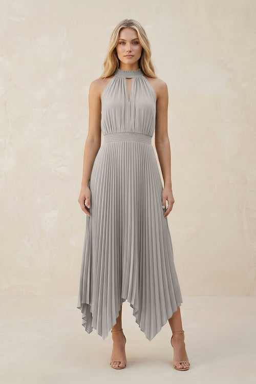 Halter Neck Pleated A - Line Chiffon Bridesmaid Dress in Silver - SHE IS ME Bridesmaid Dresses