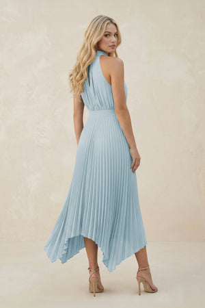 Halter Neck Pleated A-Line Chiffon Bridesmaid Dress in Sky Blue (2) | KISSBRIDAL