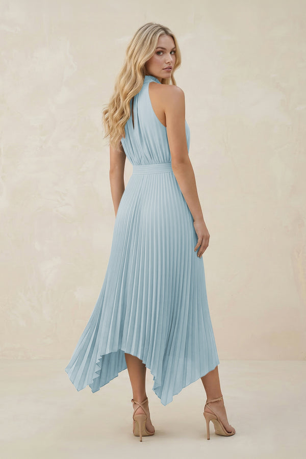 Halter Neck Pleated A-Line Chiffon Bridesmaid Dress in Sky Blue (2) | KISSBRIDAL