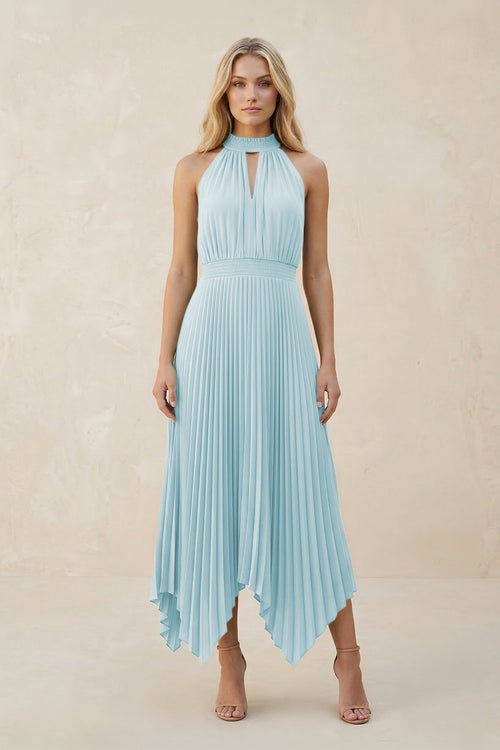 Halter Neck Pleated A - Line Chiffon Bridesmaid Dress in Sky Blue - SHE IS ME Bridesmaid Dresses