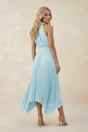 Halter Neck Pleated A - Line Chiffon Bridesmaid Dress in Sky Blue - SHE IS ME Bridesmaid Dresses