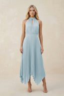 Halter Neck Pleated A-Line Chiffon Bridesmaid Dress in Sky Blue | KISSBRIDAL