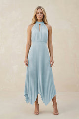 Halter Neck Pleated A-Line Chiffon Bridesmaid Dress in Sky Blue | KISSBRIDAL