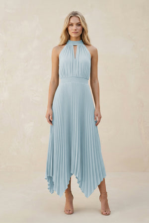 Halter Neck Pleated A-Line Chiffon Bridesmaid Dress in Sky Blue | KISSBRIDAL