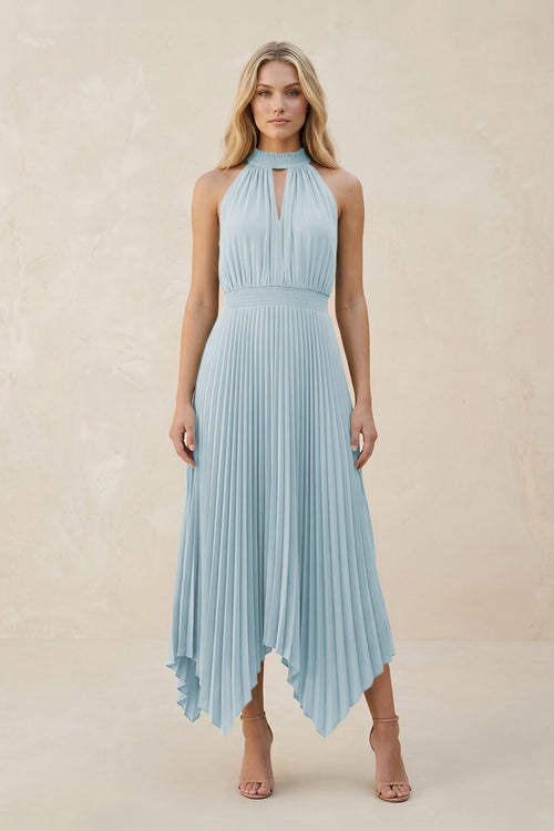 Halter Neck Pleated A-Line Chiffon Bridesmaid Dress in Sky Blue | KISSBRIDAL