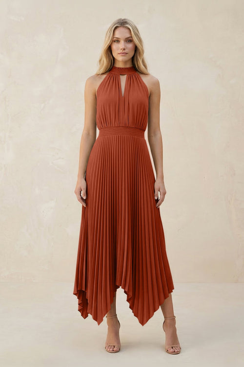 Halter Neck Pleated A - Line Chiffon Bridesmaid Dress in Spice - SHE IS ME Bridesmaid Dresses