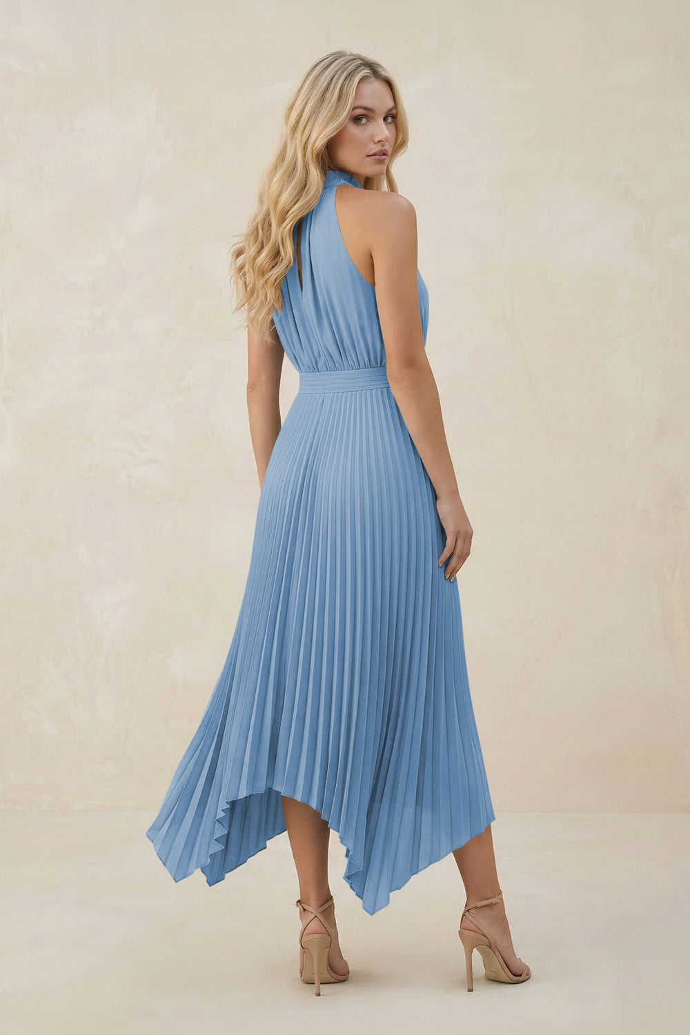 Halter Neck Pleated A-Line Chiffon Bridesmaid Dress in Steel Blue