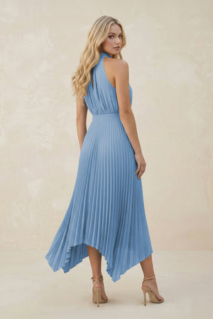 Halter Neck Pleated A-Line Chiffon Bridesmaid Dress in Steel Blue (2) | KISSBRIDAL