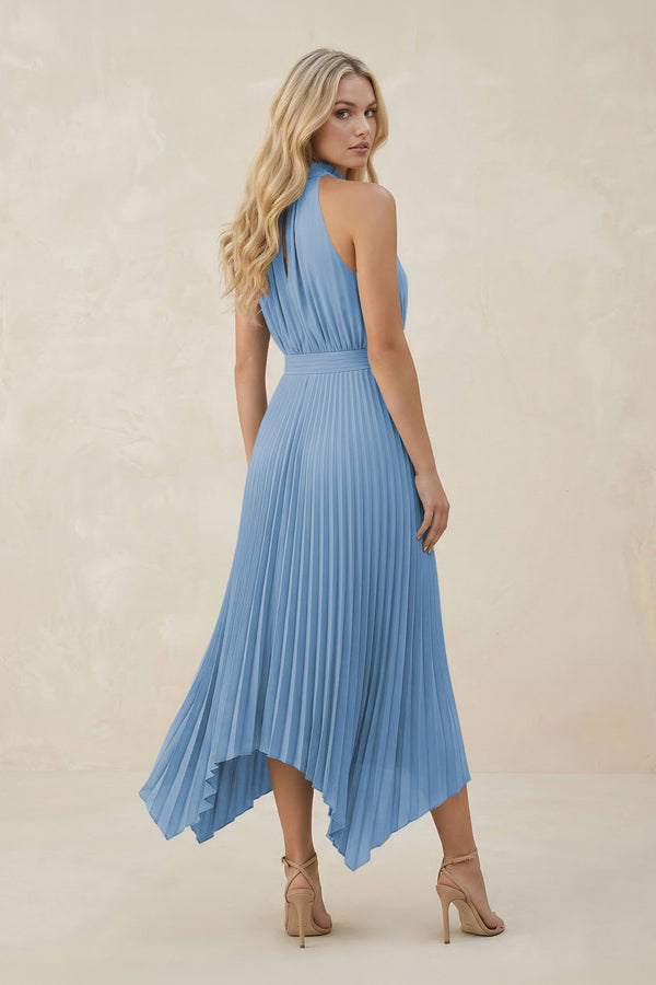 Halter Neck Pleated A-Line Chiffon Bridesmaid Dress in Steel Blue (2) | KISSBRIDAL