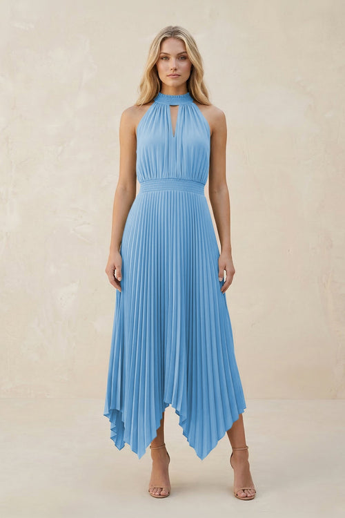 Halter Neck Pleated A - Line Chiffon Bridesmaid Dress in Steel Blue - SHE IS ME Bridesmaid Dresses