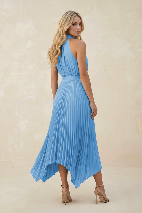 Halter Neck Pleated A - Line Chiffon Bridesmaid Dress in Steel Blue - SHE IS ME Bridesmaid Dresses