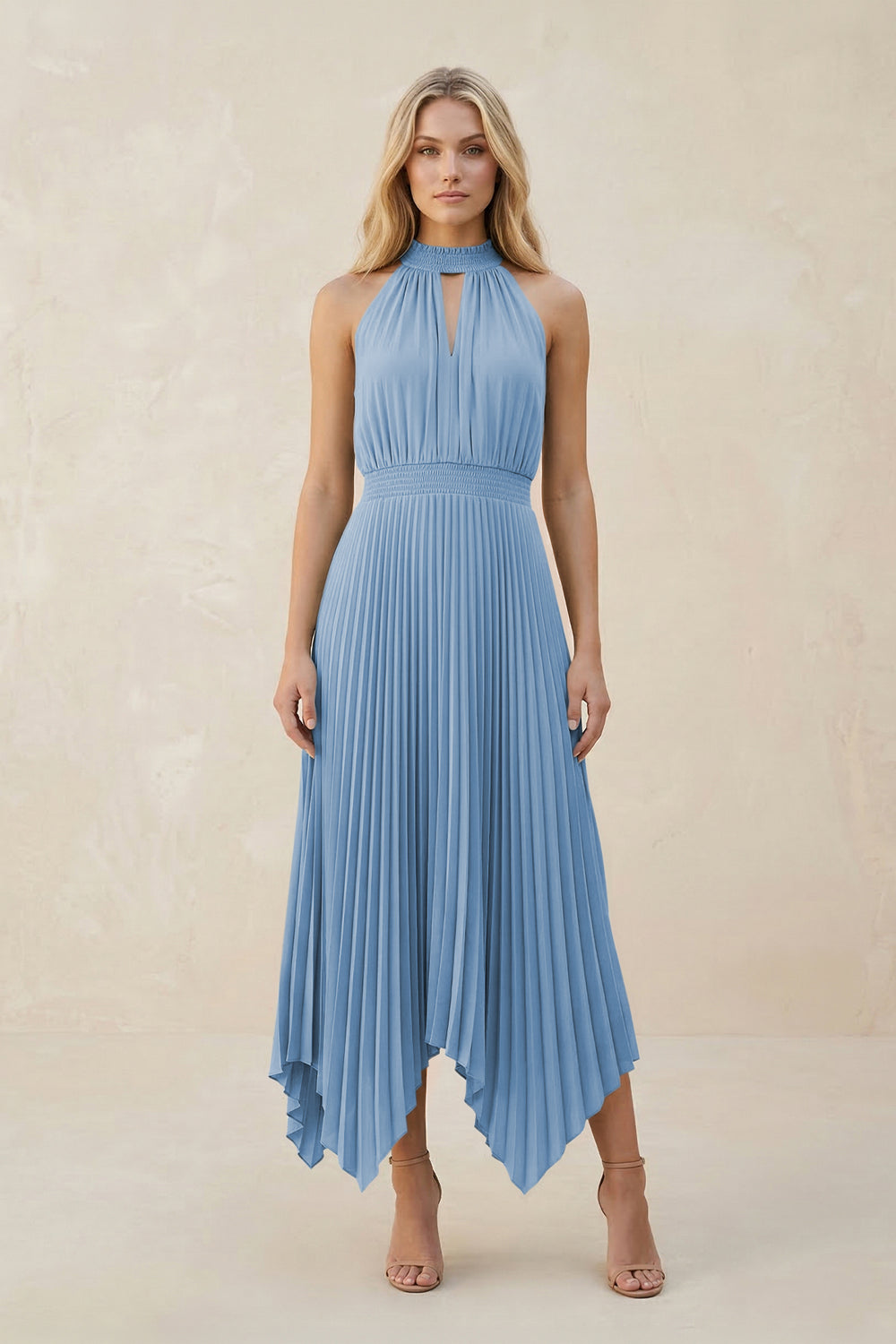 Halter Neck Pleated A-Line Chiffon Bridesmaid Dress in Steel Blue
