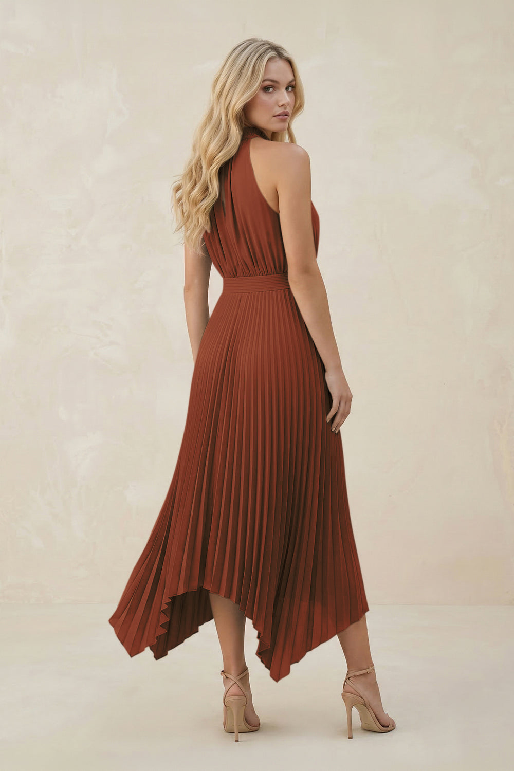Halter Neck Pleated A-Line Chiffon Bridesmaid Dress in Terracotta