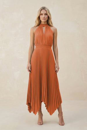Halter Neck Pleated A - Line Chiffon Bridesmaid Dress in Terracotta - SHE IS ME Bridesmaid Dresses