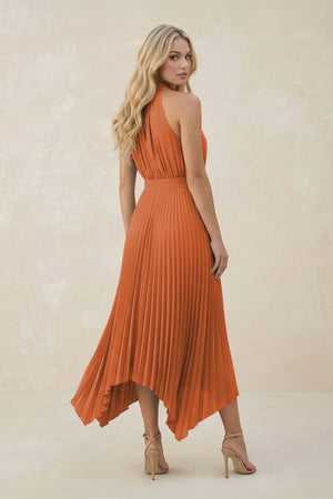 Halter Neck Pleated A - Line Chiffon Bridesmaid Dress in Terracotta - SHE IS ME Bridesmaid Dresses