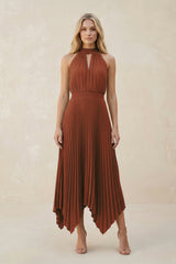 Halter Neck Pleated A-Line Chiffon Bridesmaid Dress in Terracotta | KISSBRIDAL