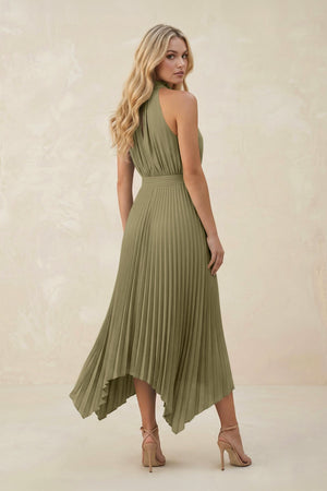 Halter Neck Pleated A - Line Chiffon Bridesmaid Dress in Thyme - SHE IS ME Bridesmaid Dresses