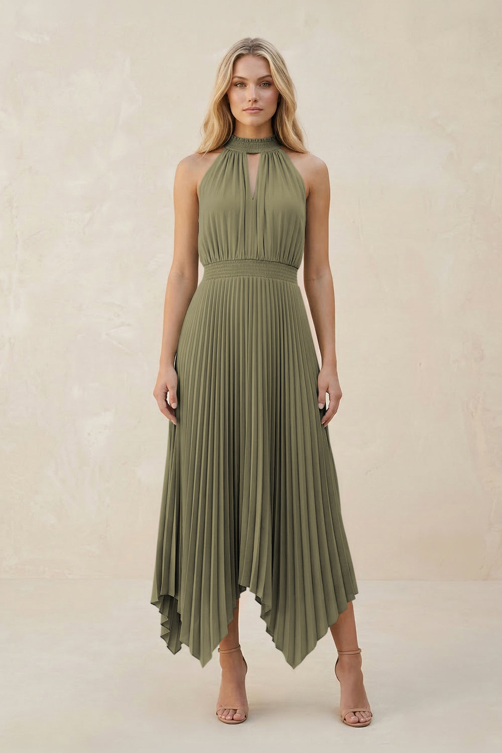 Halter Neck Pleated A-Line Chiffon Bridesmaid Dress in Thyme