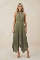 Halter Neck Pleated A-Line Chiffon Bridesmaid Dress in Thyme | KISSBRIDAL