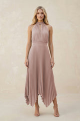 Halter Neck Pleated A-Line Chiffon Bridesmaid Dress in Toffee | KISSBRIDAL