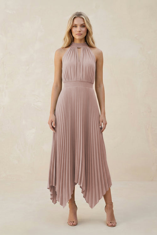 Halter Neck Pleated A-Line Chiffon Bridesmaid Dress in Toffee | KISSBRIDAL