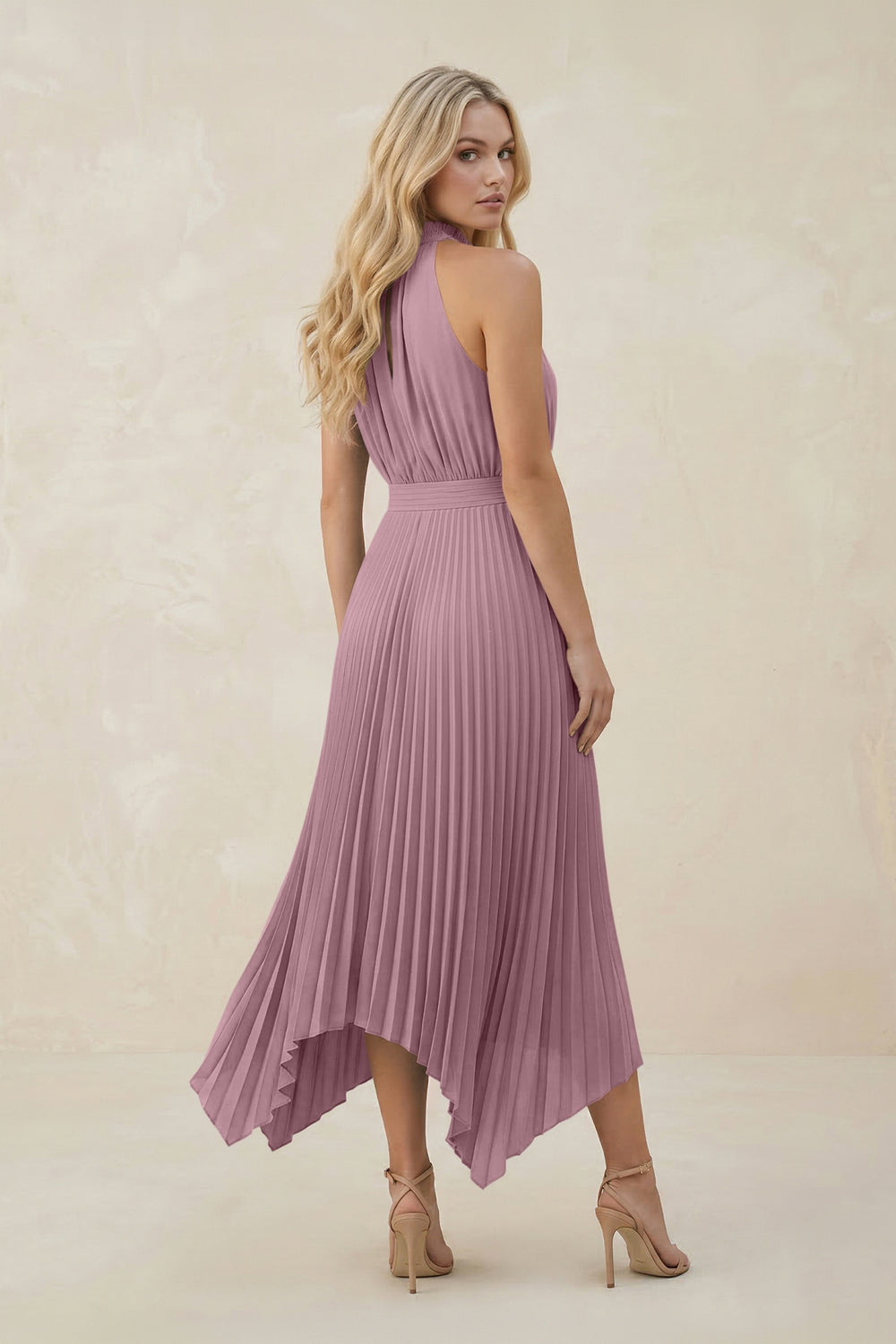 Halter Neck Pleated A-Line Chiffon Bridesmaid Dress in Vintage Mauve